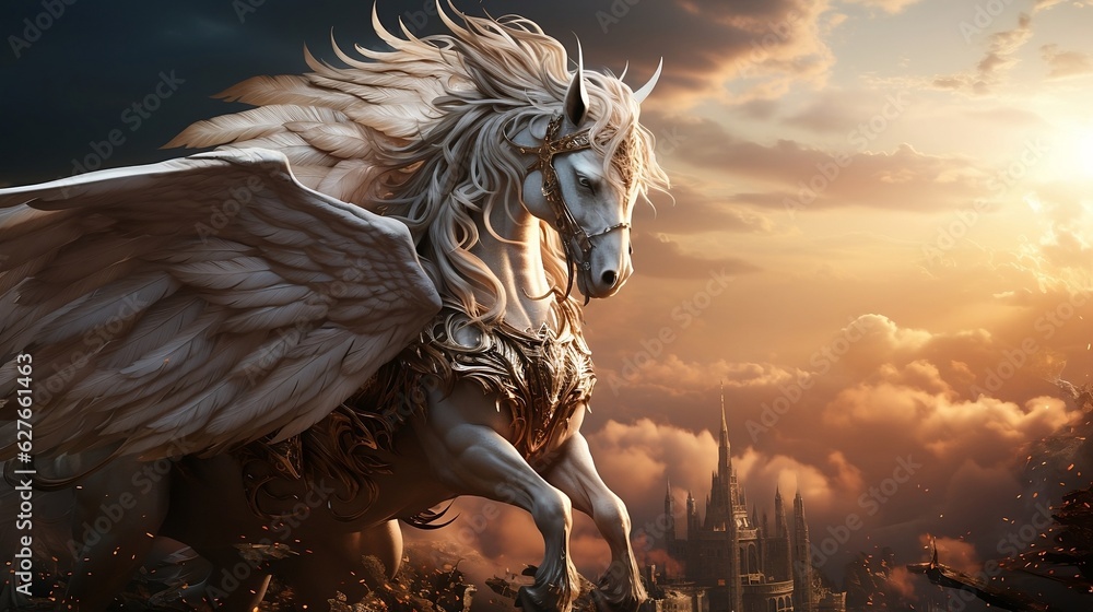 Fototapeta premium A white pegasus unicorn is perched on a cliff high above the clouds. Generative AI 