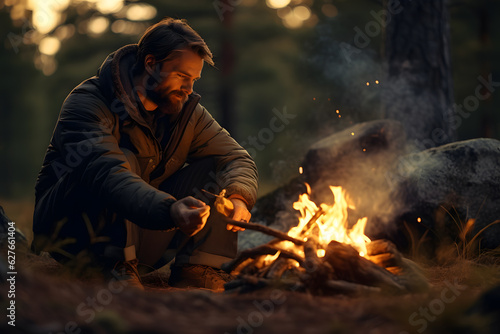 A person camping in a forest and making a fire
