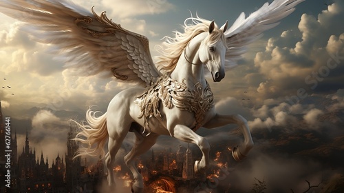 A white pegasus unicorn is perched on a cliff high above the clouds. Generative AI