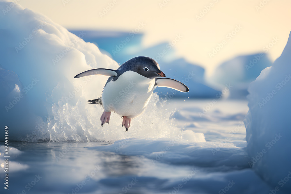 A penguin sliding on the ice - obrazy, fototapety, plakaty 