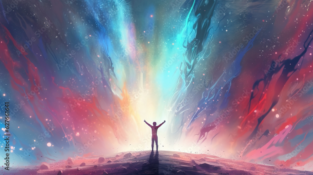 feeling free wallpaper illustration, a person standing in front of a colorful impressive sky, ai generated image