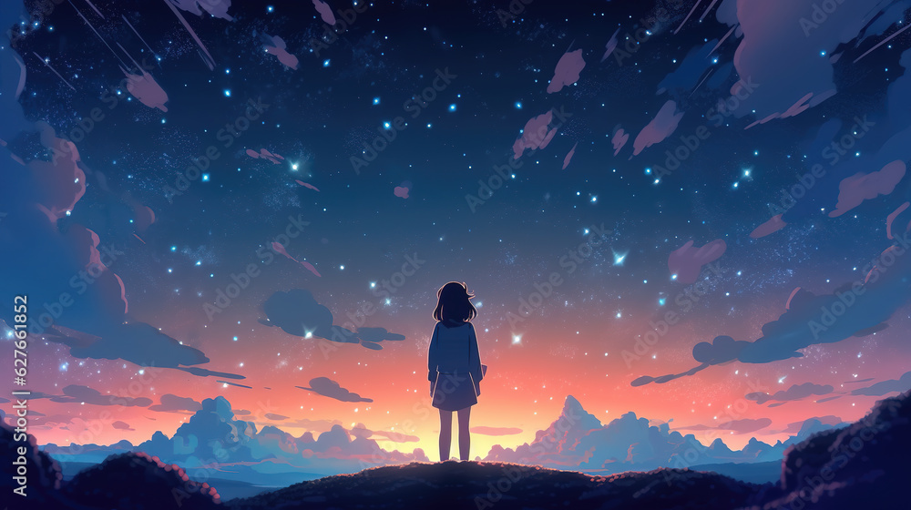 a lonely girl at the top of the mountain watching a beautiful sunset, ai generated image