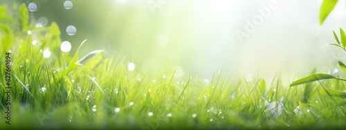 Spring summer background with a frame of grass and leaves on nature. Juicy lush green grass on meadow with drops of water dew sparkle in morning light outdoors close-up, copy space, wide format