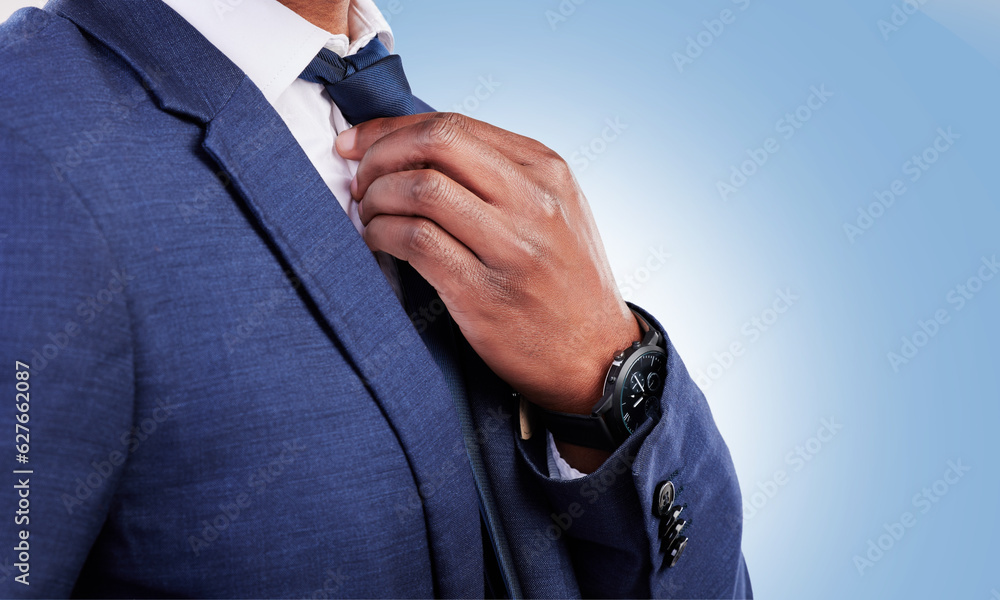Obraz premium Business man, hands and fix tie for fashion, professional suit or corporate trader in studio with mockup space. Closeup of executive worker, salesman or CEO ready for job interview on blue background
