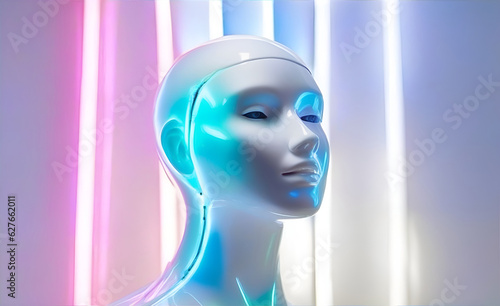 Plastic glossy mannequin of a girl on a white background, close-up, design in neon lighting