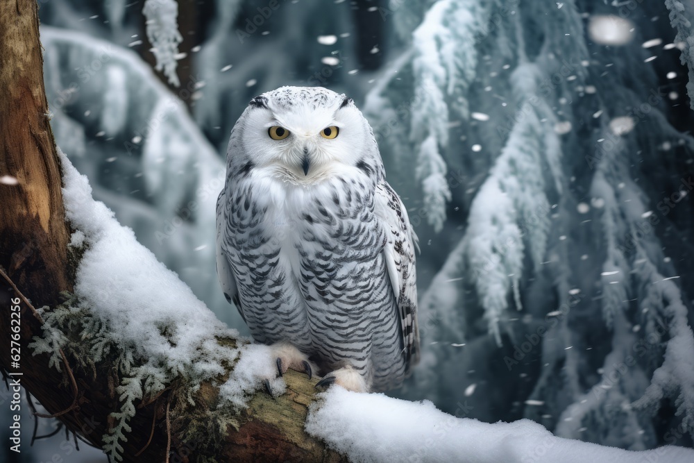 Fototapeta premium Whispers of Winter: A Snowy Owl in the Snowy Forest, Generative AI
