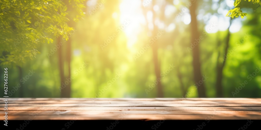 Spring summer beautiful nature background with blurred park trees in sunlight and empty wooden table Spring summer beautiful nature background with blurred park trees in sunlight and empty wooden table