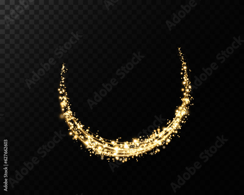 Light neon ring. Round shape with small dust trail particles and lights, shiny frame on an isolated and transparent background.
