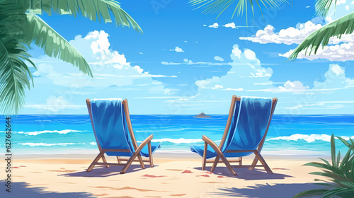 two chairs at the beach, anime artwork, peaceful summer, ai generated image