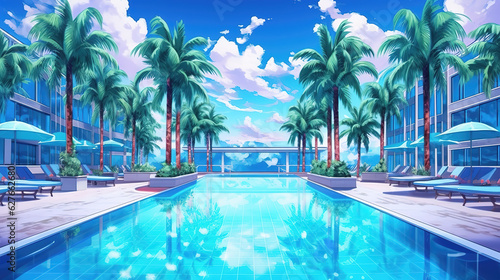 a beautiful summer beach pool anime artwork, ai generated image © Sternfahrer