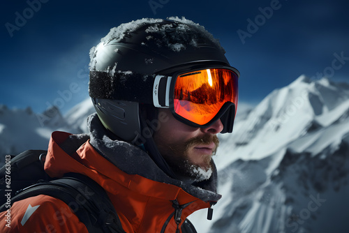 A closeup portrait of person in a snowy mountain, who wearing goggles © Ployker