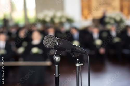 Microphones on the funeral podium. Generative Ai