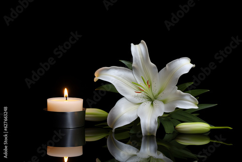 Beautiful lily and burning candle on dark background. Funeral flower. Generative Ai.