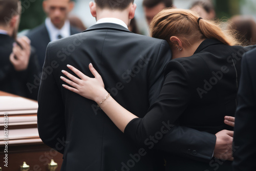 Family giving their last goodbyes at the funeral. Generative AI.