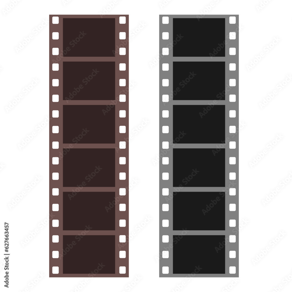 Set of Retro Negative photo strip isolated on transparent background. Collection of black and brown Vintage cinema filmstrip. Template of Retro photo. Vector illustration.
