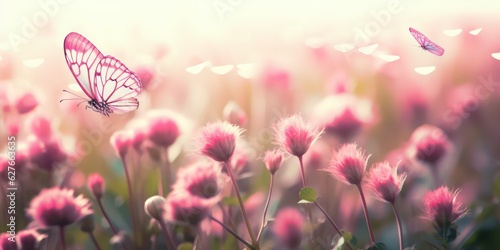 Wild pink flowers bathed in sunlight in field and two fluttering butterfly on nature outdoors  soft selective focus  close-up macro. Magic artistic image