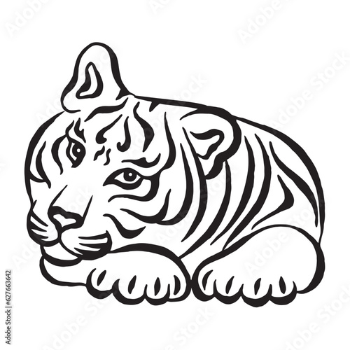 Tiger lying on front legs. Cute animal tiger black and white drawing isolated on white. Linear drawing. Calligraphy image. Black and white line art. Vector.Tattoo design.