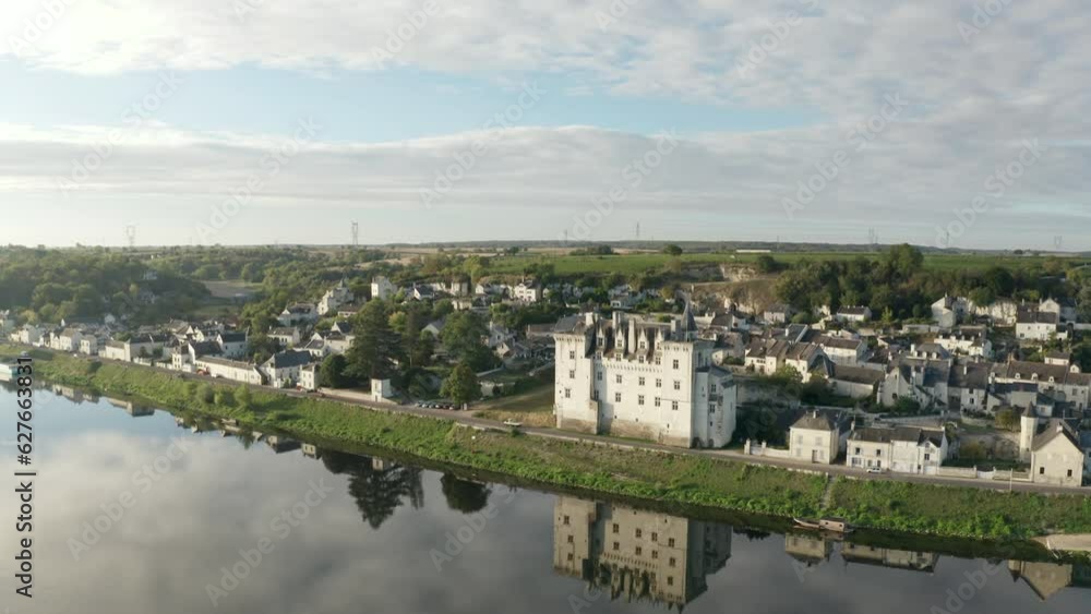 Aerial drone point of view of the Chateau de Montsoreau and the river Loire in the Loire Valley of France. Aerial drone point of view of the Chateau de Montsoreau and the river Loire in the Loire Valley of France.