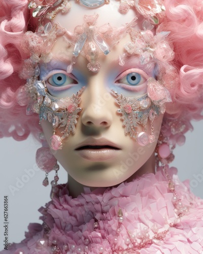 A stunningly surreal portrait of a beautiful woman wearing a pink headpiece adorned with diamonds and an extravagant pink wig, capturing her bizarre and captivating style