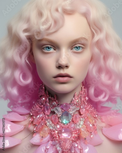 This surreal portrait of a beautiful girl with pink hair and a pink necklace adorned with diamonds is a bizarre and enchanting makeover that captivates with its ethereal hairpiece, rosy lipstick, and © Glittering Humanity