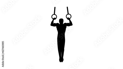 A silhouette of a man holding gymnastic rings on a white background