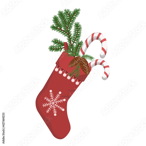 Red Christmas stocking for gifts with lollipops and a fir branch with cones isolated on a white background.Vector composition for Christmas holiday designs.