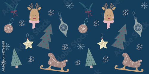 Christmas trendy wrapping paper with reindeer  sled and Christmas tree. wallpaper with seasonal winter design. Seamless pattern.  