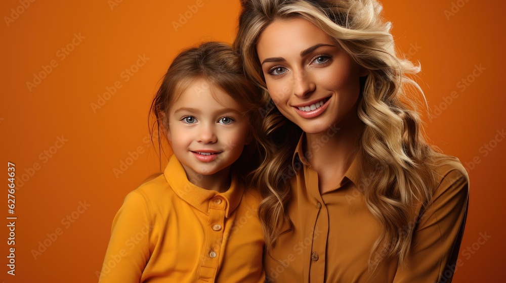 A portrait of mother and daughter on orange background. Generative Ai A portrait of mother and daughter on orange background. Generative Ai