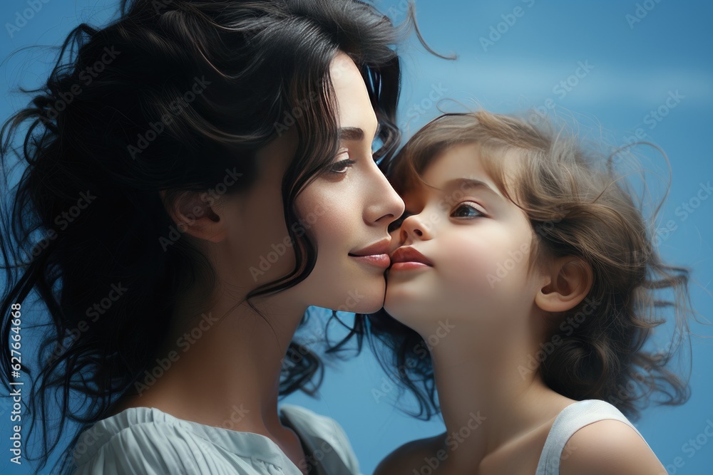 A portrait of mother and daughter on blue background. Generative Ai A portrait of mother and daughter on blue background. Generative Ai