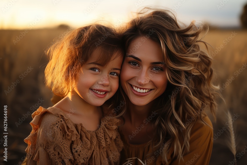 Fototapeta premium A portrait of mother and daughter in green field sunset time. Generative Ai