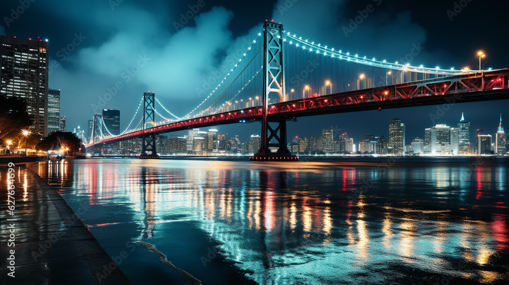 Fototapeta premium Luminous Reflections: Nighttime Glow of a Famous Bridge, Generative AI