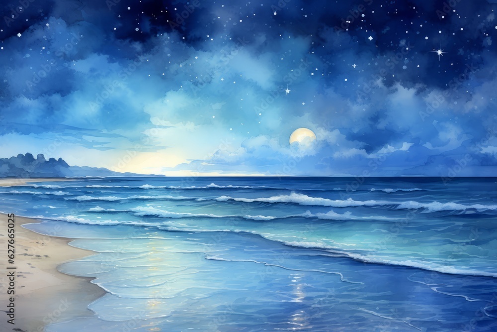 Serene moonlit beach with gentle waves. Beautiful illustration picture. Generative AI