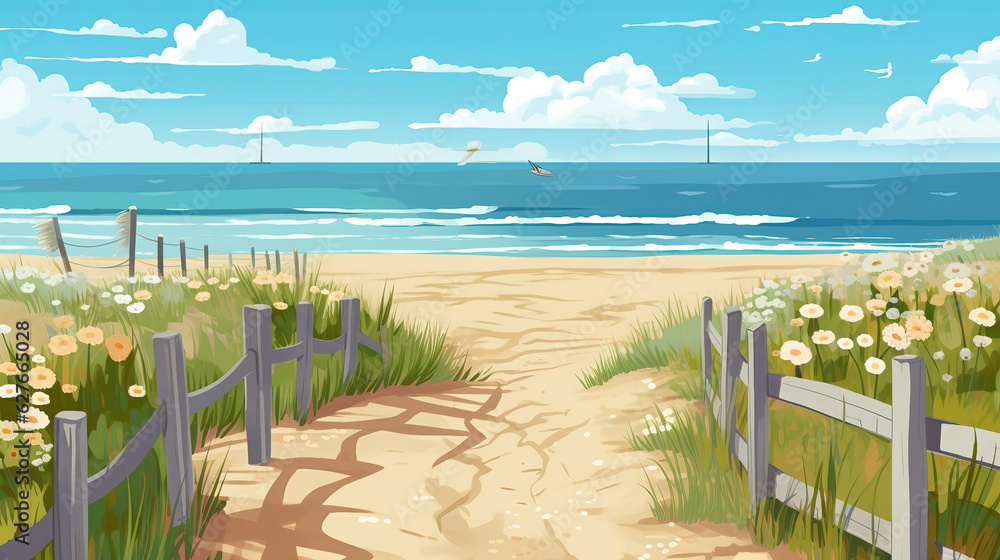 a cartoon inspired path to the beach with flowers , ai generated image