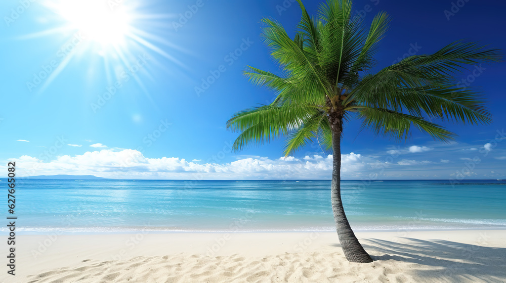 a beautiful realstic summer beach wallpaper, palm tree, ai generated image