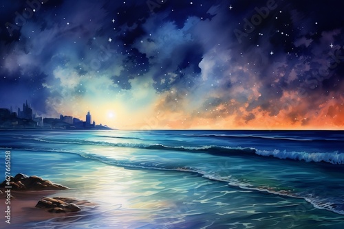 Serene moonlit beach with gentle waves. Beautiful illustration picture. Generative AI