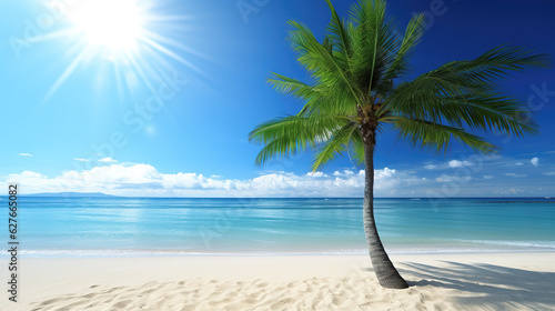 a beautiful realstic summer beach wallpaper, palm tree, ai generated image © Sternfahrer