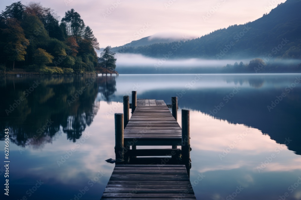 Tranquil lakeside with a wooden pier. Beautiful illustration picture. Generative AI