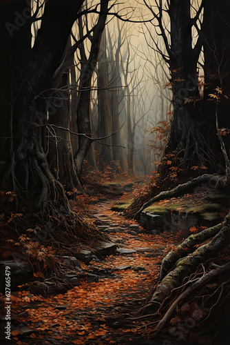 Winding path amidst a dark and enchanting autumn forest. The trees are adorned with rich hues of orange  red  and yellow leaves  creating a mesmerizing and mysterious atmosphere.