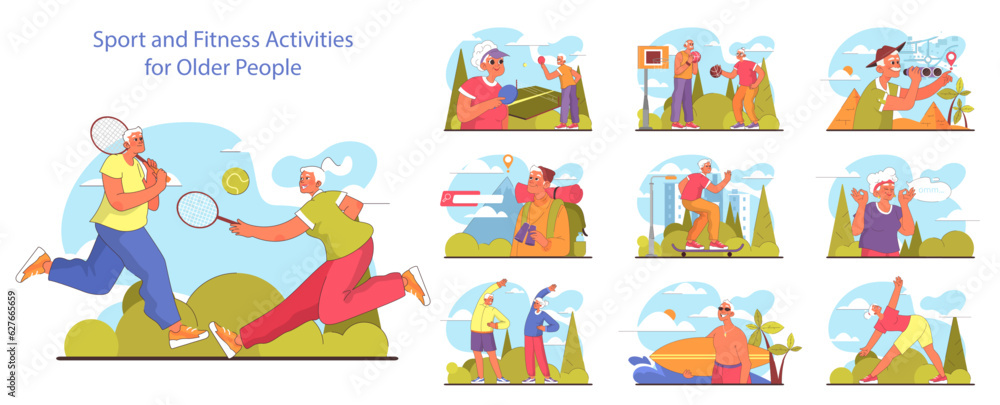 Old characters doing sport and active leisure. Active elderly people Old characters doing sport and active leisure. Active elderly people