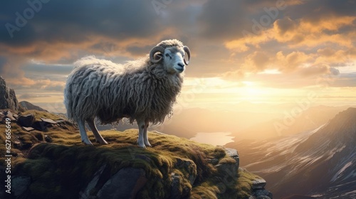Ram on top of a mountain at sunrise