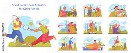 Old characters doing sport and active leisure. Active elderly people