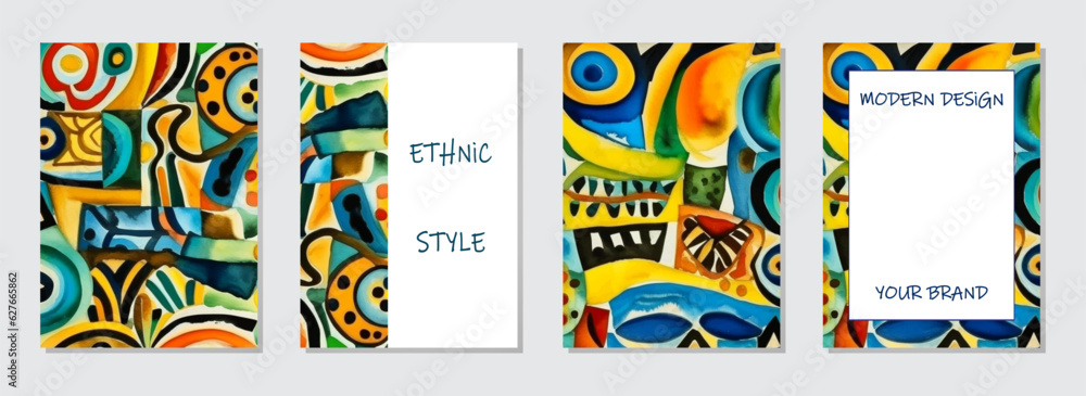 Set of unique covers, vertical templates. Collection of watercolor geometric backgrounds with ethnic tribal pattern in modernism style. Minimalism, abstract art of the East, Asia, India, Mexico, Aztec