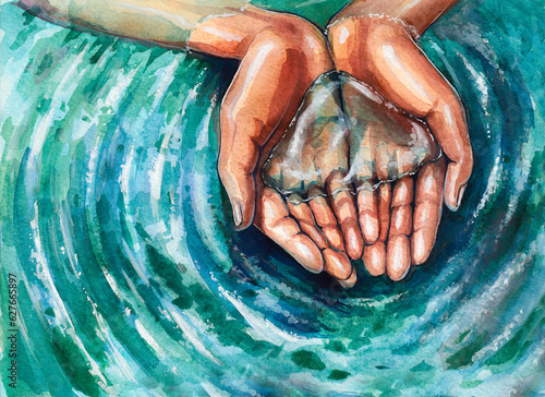 Crystal clear water in two folded hands. Watercolor drawing. Freshness.