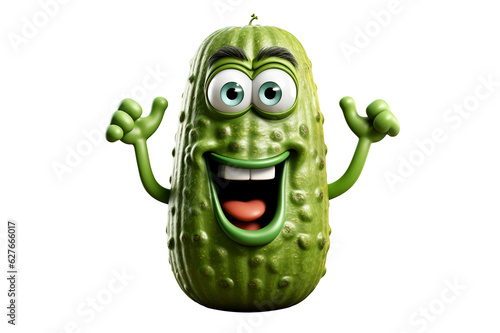 Cute green cucumber 3d cartoon character.