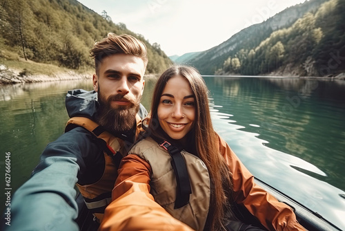 Selfie of young cute lovely couple canoeing kayaking on river in boat on sunny day nature outdoors © sommersby