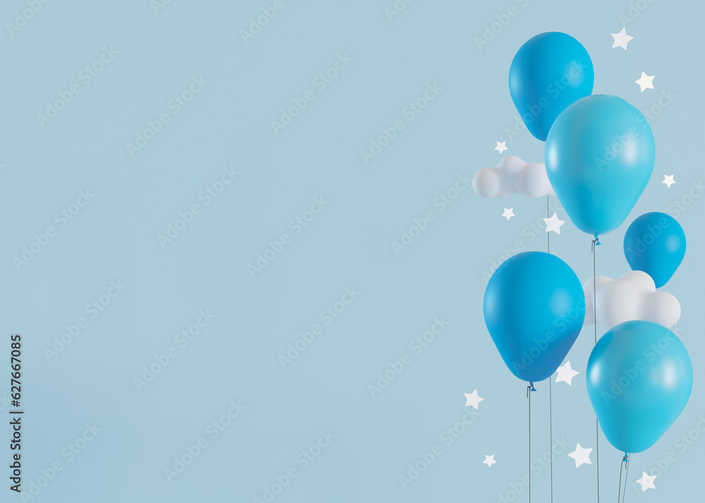 Blue background with helium balloons, stars and copy space. It's a boy backdrop with empty space for text. Baby shower or birthday invitation, party. Baby boy birth announcement. 3D render.