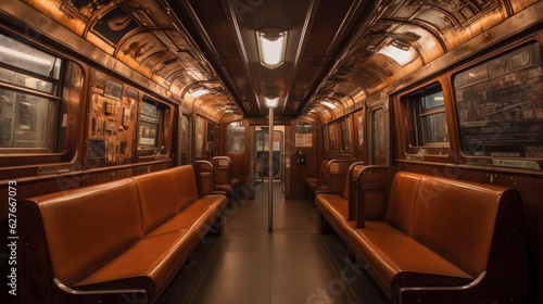 interior of empty train, vintage metro subway old fashion style, metal railcar brown and wood material, cinematic lights and colors, generative ai