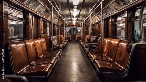 interior of empty train, vintage metro subway old fashion style, metal railcar brown and wood material, cinematic lights and colors, generative ai