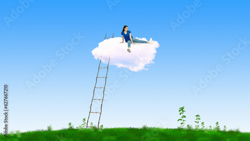 Young woman sitting on fluffy cloud over blue sky. Inner world and psychology. Contemporary art collage. Concept of dreams and fantasy, surrealism, imagination. Copy space for ad