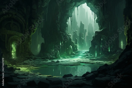Cave made of jade stone. Beautiful illustration picture. Generative AI © standret
